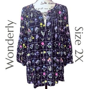 Wonderly - Floral Grid Blouse - Multicolor on Navy - Boho Tunic - Size 2X